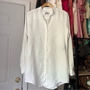 VISIBLE ART white linen mandarin collar button up long sleeve shirt